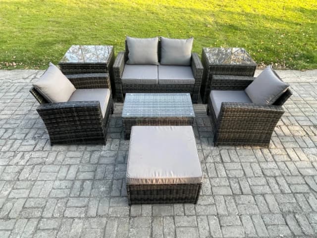 Fimous 5 Seater Outdoor Lounge Sofa Set Wicker PE Rattan Garden Furniture Set with Rectangular Coffee Table Double Seat Sofa in Dark Grey Dark Grey Un