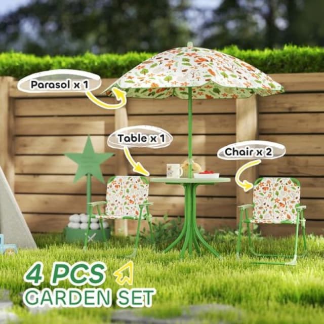 AIYAPLAY AIYAPLAY Kids Garden Table and Chair Set, Outdoor Patio Set w/ Parasol Green
