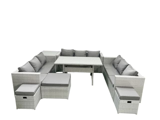 Fimous Rattan Garden Outdoor Furniture Set 12 Seater Garden Sofa Rectangulr Dining Table Set with 3 Footstools Side Table Light Grey Mixed Light Grey