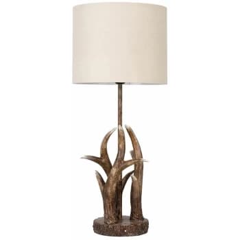 Caribou Antler Table Lamp In A Natural Finish + Small Drum Shade - Beige