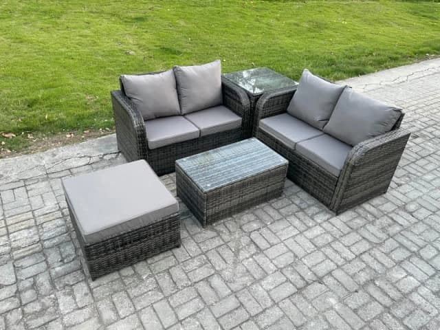 Fimous Outdoor Lounge Sofa Set Rattan Garden Furniture Set with Rectangular Coffee Table Big Footstool Side Table Dark Grey Mixed Dark Grey