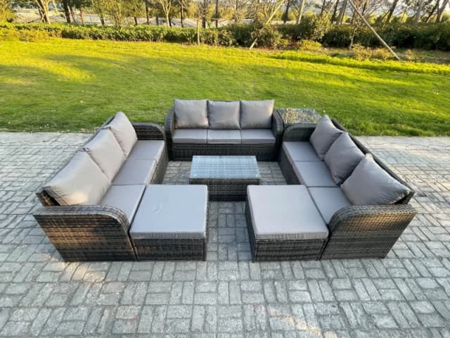 Fimous Outdoor Garden Furniture Sets 11 Seater Wicker Rattan Furniture Sofa Sets with Rectangular Coffee Table 3 Seater Sofa Side Table 2 Big Footstoo