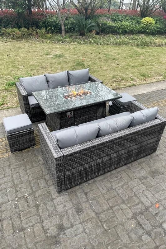 Fimous Outdoor PE Rattan Garden Furniture Gas Fire Pit Dining Table Lounge Sofa 2 PC Footstools Dark Grey Dark Grey