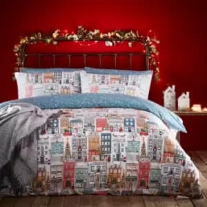 Furn. Festive Town Reversible Duvet Cover and Pillowcase Set Blue/Red/White