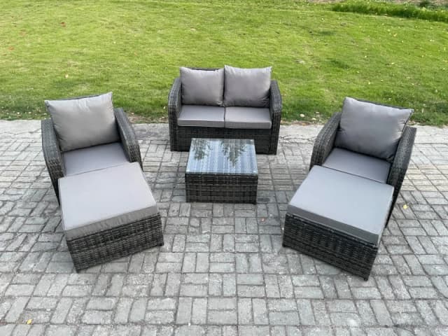 Fimous 6 Seater High Back Rattan Garden Furniture Set with Square Coffee Table 2 Big Footstool Reclining Chair Indoor Outdoor Patio Lounge Sofa Set Da