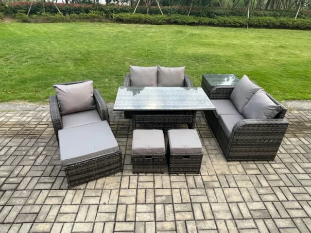 Fimous 8 Seater Lounge Rattan Sofa Set Outdoor Garden Furniture Oblong Rectangular Dining Table With Chairs 3 Footstools Side Table in Dark Grey Dark
