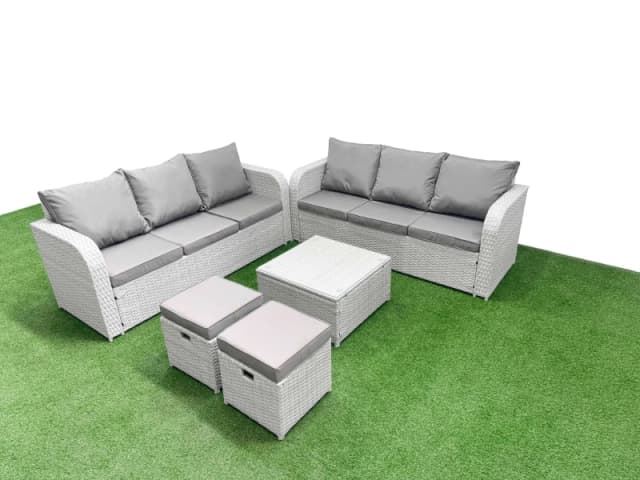 Fimous Outdoor Garden Furniture Sets 8 Seater Wicker Rattan Furniture Sofa Sets with Square Coffee Table high Back Lounge Sofa Stools Light Grey Light