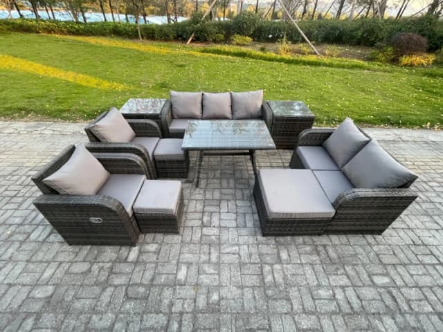 Fimous Outdoor Rattan Garden Furniture Set 10 Seater Patio Lounge Sofa Set with Dining Table 3 Footstools 2 Side Tables Dark Grey