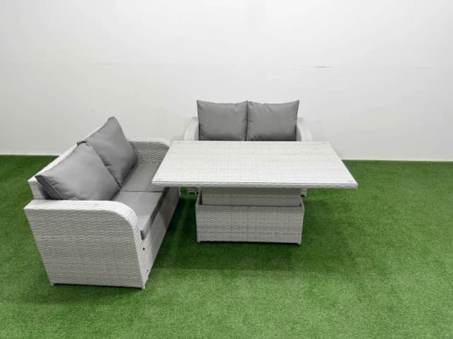 Fimous 4 Seater Outdoor Love Sofa Set Rattan Garden Furniture Set with Adjustable Lifting Dining or Coffee Table Light Grey Light Grey