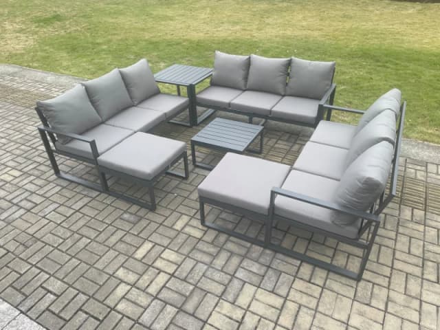 Fimous Aluminium Outdoor Garden Furniture Set Patio Lounge Sofa with Square Coffee Table Side Table 2 Big Footstools Conservatory Set in Dark Grey Dar