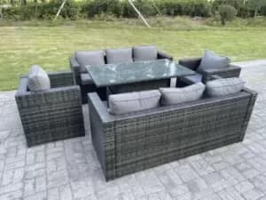 Fimous 8 Seater Outdoor Dark Grey Rattan Lounge Complete Sofa Set with Height AdjustableTable and Lounge Chairs