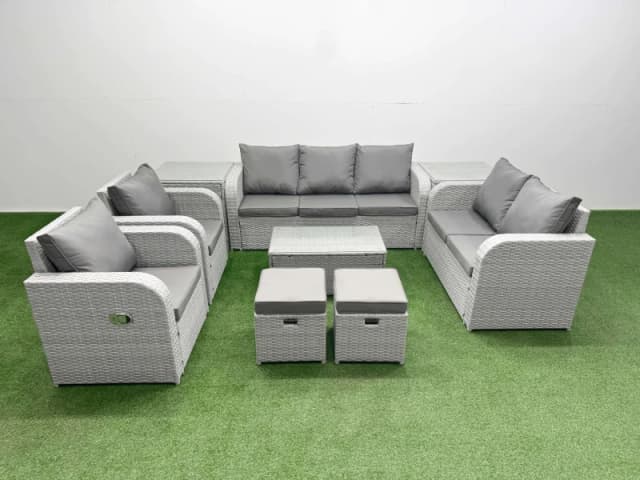 Fimous PE Rattan Garden Furniture Set Adjustable Chair Sofa Double Love Seat 2 Seater Sofa Lounge Set Oblong Coffee Table 2 Stools 2 Side Table Light