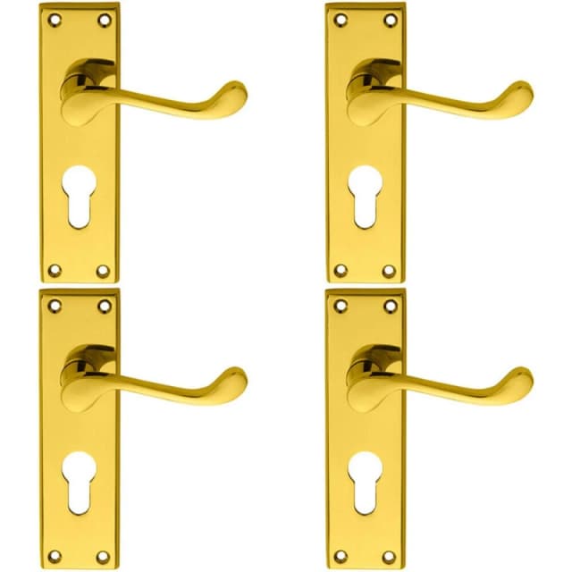Loops 4x PAIR Victorian Scroll Lever on Euro Lock Backplate 150 x 43mm Polished Brass Metallics