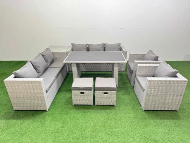 Fimous 10 Seater Outdoor Dining Table 3 Seater Sofa Set with Side Table in Light Grey Light Grey Unisex