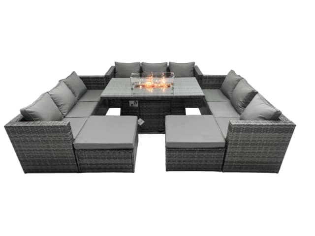Fimous Rattan Garden Furniture Firepit Set Outdoor 11 Seater Patio Dining Sets with Glass Top Dining Table Dark Grey