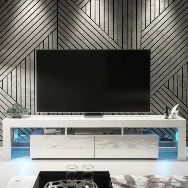 Creative Furniture Nova TV Unit 200cm - White with Gloss Doors + LED Lights White Unisex