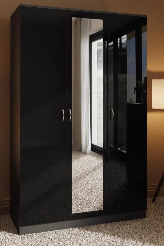 FWStyle FWStyle 3 Door Triple Wardrobe Black Gloss Mirrored Door Black One Size Unisex 5056413121219