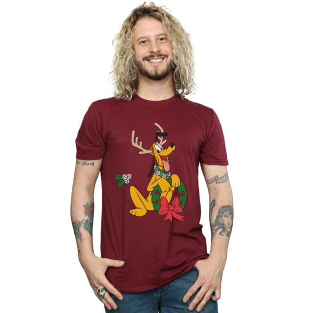 Disney Men Pluto Christmas Reindeer T-Shirt in Burgundy Size: Small Burgundy S Male 5059400324655