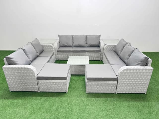 Fimous PE Rattan Lounge Sofa Set 11 Seater Outdoor Garden Furniture Set with Square Coffee Table 3 Seater Sofa 2 Big Footstools 2 Side Table Light Gre