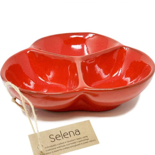 Verano Spanish Ceramics Selena Glazed Hand Dipped Kitchen Dining Snack Trio Dish Medium Red (D) 18Cm