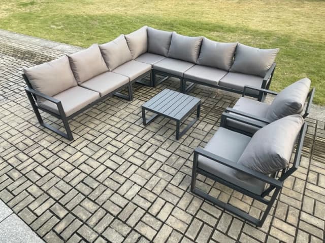 Fimous Outdoor Garden Furniture Patio Lounge Corner Sofa Aluminium Set with Square Coffee Table 2 Pcs Arm Chairs Dark Grey Dark Grey Unisex