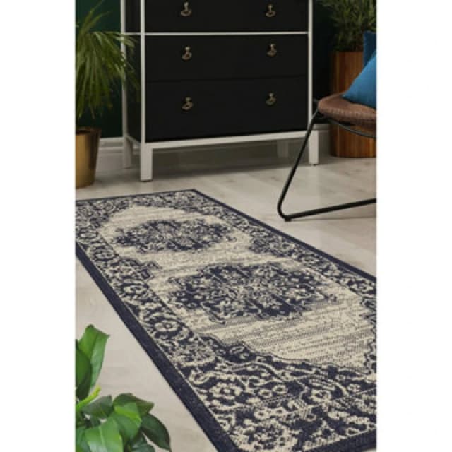 Melrose County Sisal Inspired Traditional Medallion Large Navy Non-Slip Area Runner Rug 060/230Cm