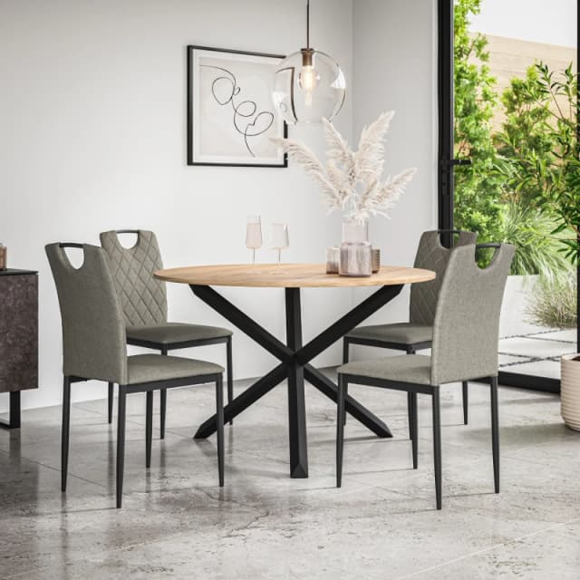 More4Homes Malvern Round Dining Table And Chairs - Oak Table Top W Solid Oak Black Legs + Monza Fabric Dining Chair Set Of 4 (Grey)