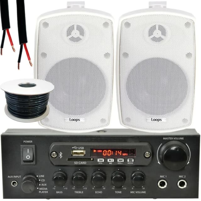 Loops Outdoor Bluetooth Speaker Kit 2x 60W White Stereo Amplifier Garden BBQ Parties White unisex