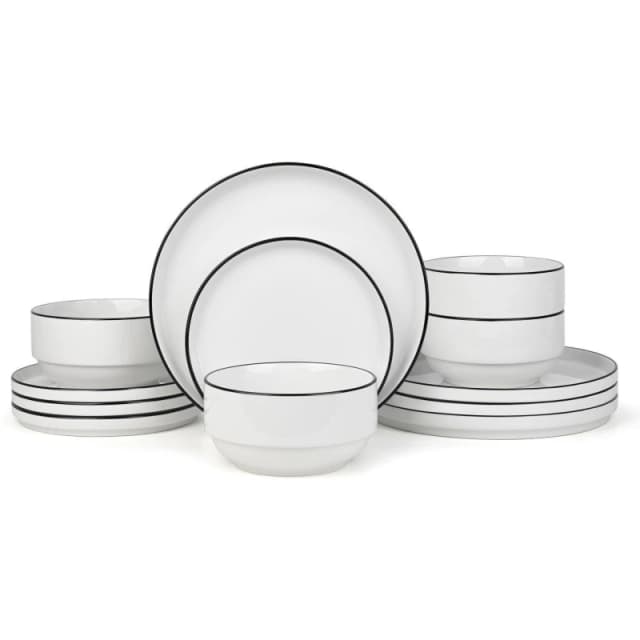 Waterside 12PC Stackable White with Black Rim Dinner Set White unisex ONE SIZE