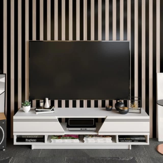 Decorotika Aspatria TV Stand TV Unit Dropdown Cabinets and Shelves Multimedia Centre White