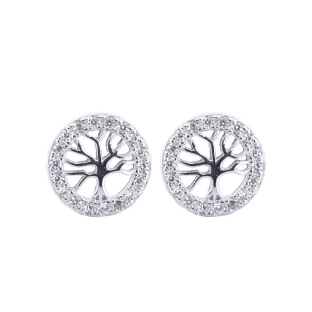 Jewelco London Silver Round CZ Halo Circle Tree of Life Stud Earrings - AES202 Silver female