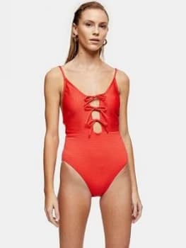 Topshop Seersucker Tie Front Swimsuit - Red