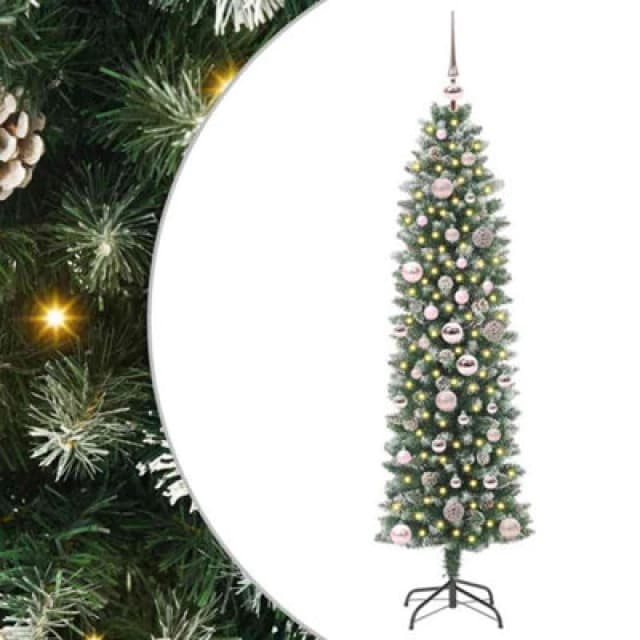 vidaXL Artificial Slim Christmas Tree with Pink Balls Green and white 150 cm, Green 3395283