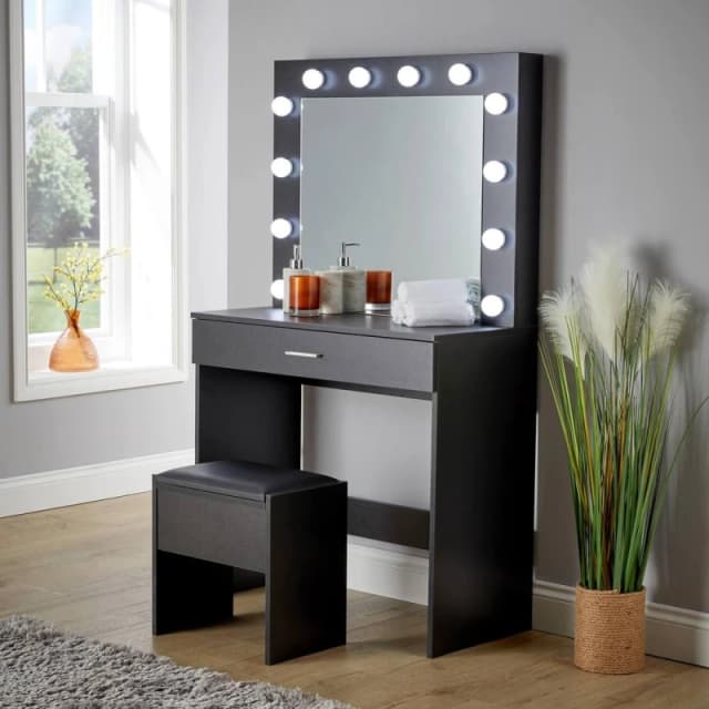 Home Source Ella Black Dressing Table With Stool And LED Lights Mirror