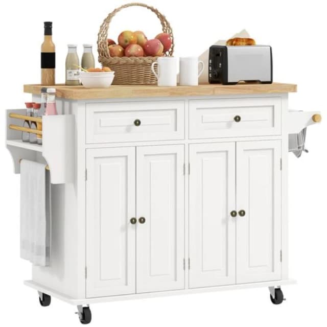 HOMCOM Rolling Kitchen Island Cart with Rubber Wood Top, Spices Cream White Cream