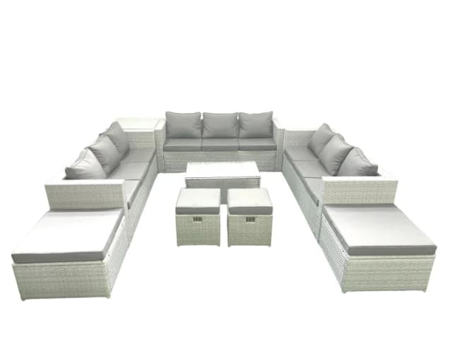 Fimous 9 Pieces Rattan Garden Furniture Set Outdoor Garden Sofa Coffee Table Set with Side Table 4 Footstools Light Grey Mixed Light Grey