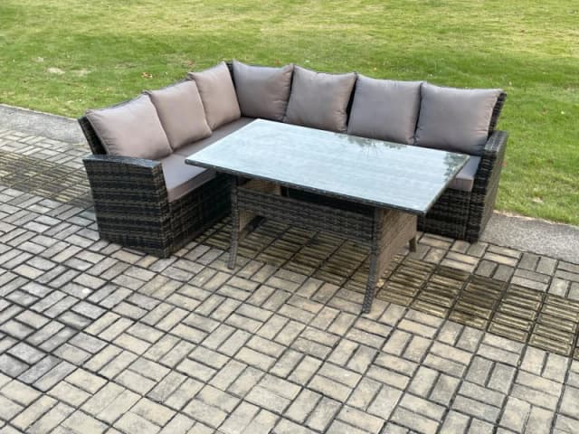Fimous 6 Seater Garden Rattan Furniture Corner Dining Set Rectangular Dining Table Indoor Outdoor Lounge Sofa Set Dark Grey Mixed Dark Grey Unisex