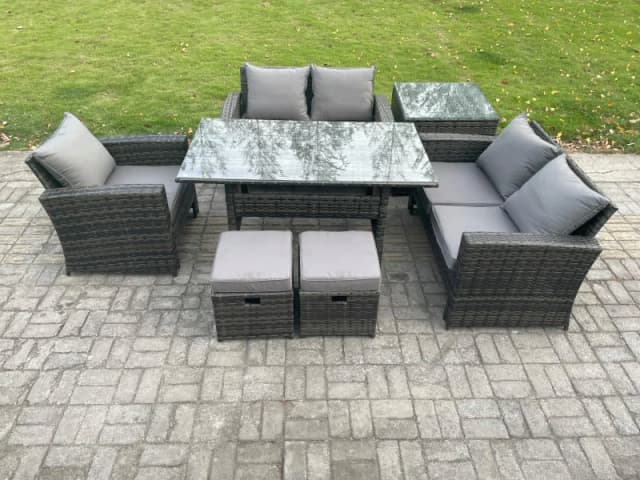 Fimous Wicker Rattan Garden Dining Set Outdoor Furniture Sofa with Dining Table Double Seat Sofa Side Table 2 Small Footstools Dark Grey Mixed Dark Gr