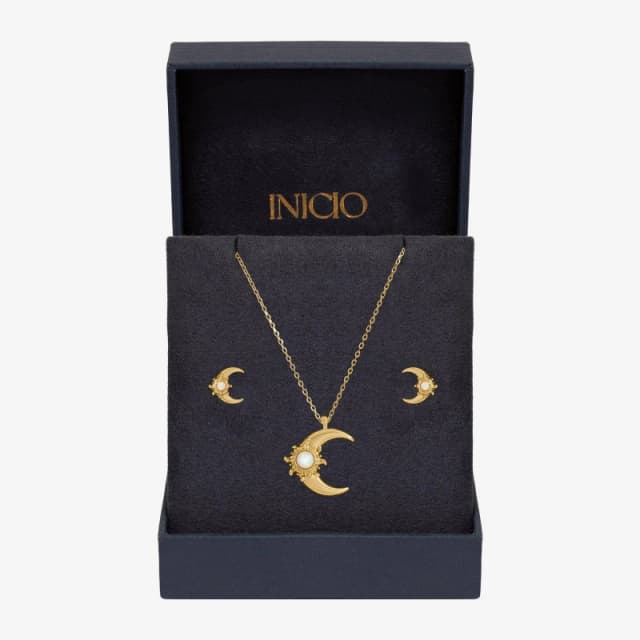 Inicio Womens Gold Plated & Opal Moon Set - Gift Box Gold Female One Size