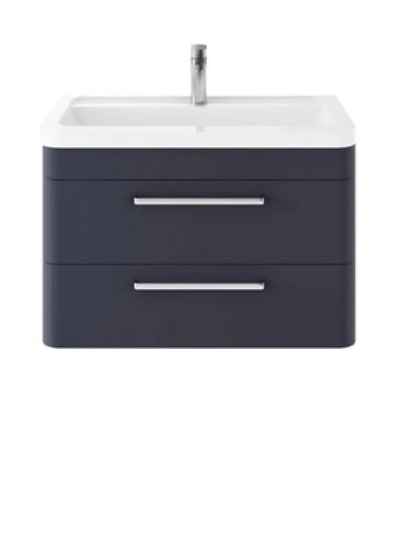 Nuie Hudson Reed Solar Wall Hung Vanity Unit With Ceramic Basin, Modern 2 Drawer Bathroom Sink Vanity Unit In Indigo Blue, 800mm