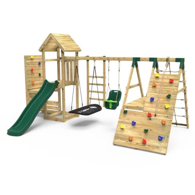 Rebo Wooden Climbing Frame with Swings, Monkey Bars, Climbing Walls and Slide - Cairngorm Green Green
