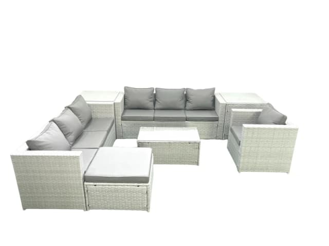 Fimous Wicker PE Rattan Sofa Garden Furniture Set with Armchair Oblong Coffee Table Big Footstool 2 Side Tables Light Grey Mixed Light Grey
