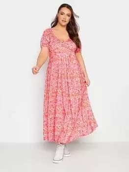 Yours Wrap Puff Sleeve Maxi Dress Pink Floral, Pink, Size 20, Women