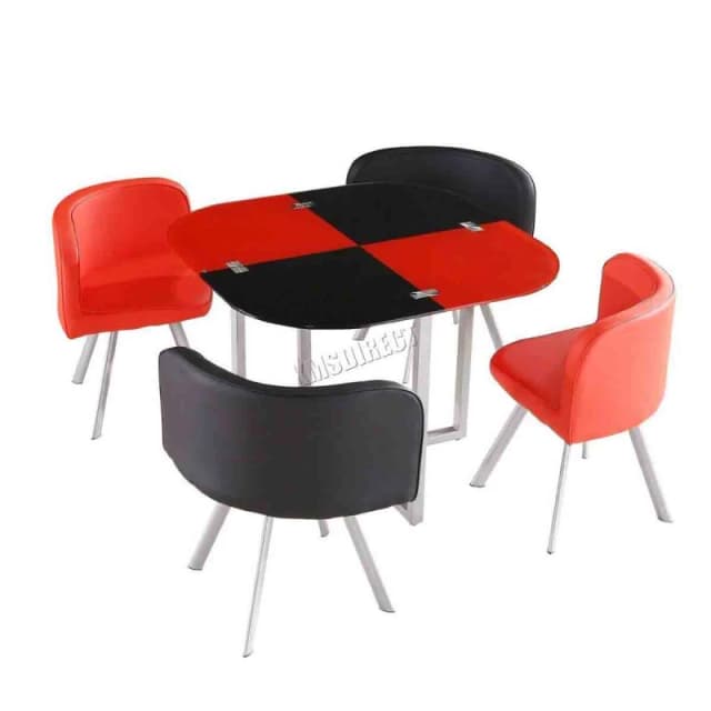 KOSY KOALA Kosy Koala - Dining Table and 4 Chairs Space Saver Glass Red and Black Square Table 4 Leather Chairs Dining Room Space saver Red black
