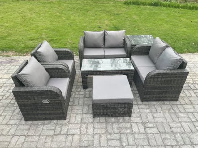 Fimous Rattan Garden Furniture Set with Rectangular Coffee Table Side Table Big Footstool 7 Seater Patio Outdoor Lounge Sofa Set Dark Grey