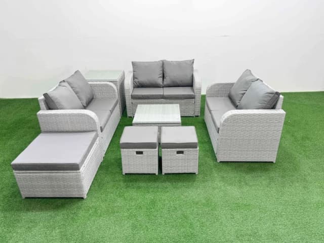 Fimous 9 Seater PE Wicker Rattan Furniture Sofa Sets with Square Coffee Table 2 Seater Love Sofa 3 Stool Side Table Light Grey Light Grey