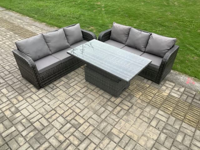 Fimous 6 Seater Garden Dining Sets Outdoor Rattan Furniture Lounge Sofa Height Adjustable Rising lifting Table Set Dark Grey