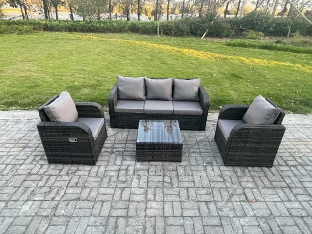 Fimous Garden Furniture Sets 5 Seater Wicker Rattan Furniture Patio Sofa Sets with Reclining Chair 3 Seater Sofa Dark Grey