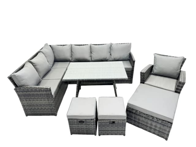 Fimous 10 Seat Patio Oblong Dining Table Corner Sofa Set with 3 Stool Chair in Dark Grey Dark Grey Unisex
