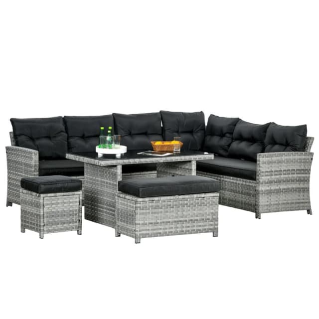 Outsunny 5 Pieces Rattan Garden Furniture Set with Sofa, Table, Cushions, Stools, Grey Grey